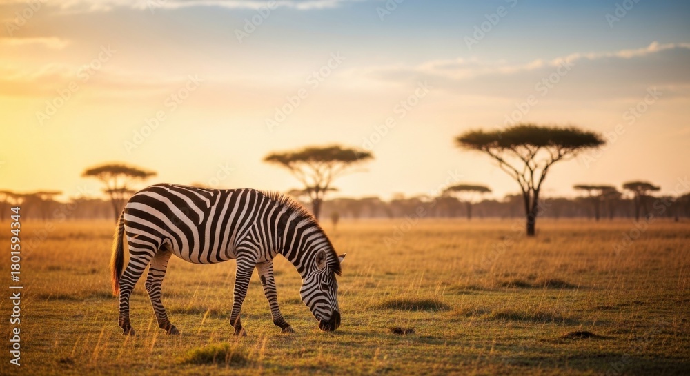 Obraz premium Zebra Grazing in African Savanna at Sunset with Acacia Trees.