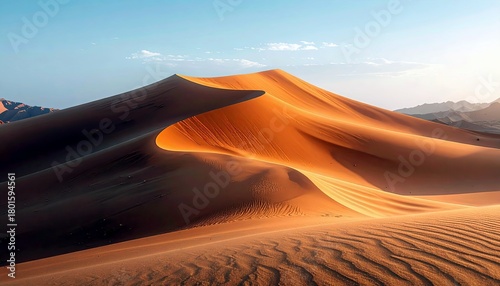 Fototapeta Naklejka Na Ścianę i Meble -  Expansive desert landscape featuring large, sculpted sand dunes bathed in warm sunlight, with subtle ripples on the sand.