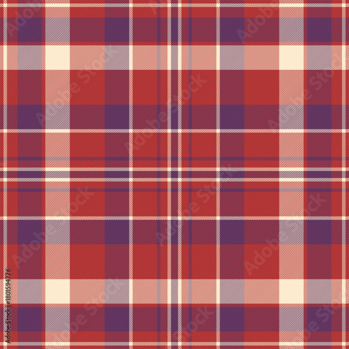 Fashioned texture textile pattern, editable check tartan seamless. Store plaid fabric background vector in red and magenta colors.