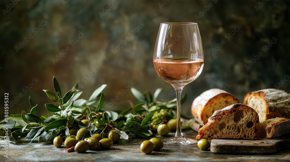 Obraz premium Glass of Rose Wine with Olives on Rustic Wooden Table