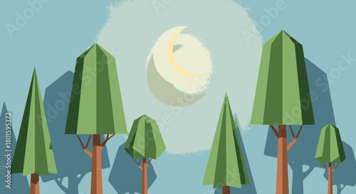 A digital illustration of stylized low poly geometric trees.