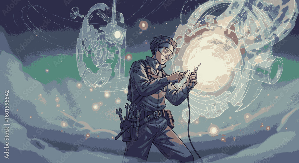 Fototapeta premium A focused male inventor with glasses working on a brilliant glowing spherical invention.