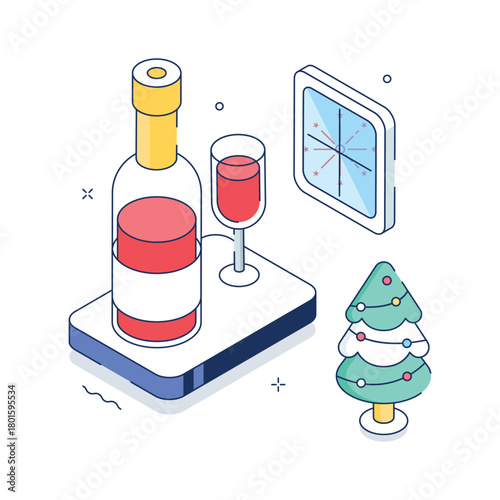Festive wine and glasses setup for Christmas celebration, isometric illustration