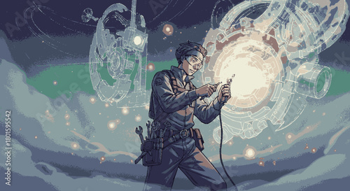 A focused male inventor with glasses working on a brilliant glowing spherical invention.