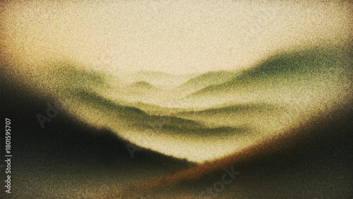 Misty mountain valley in warm sepia tones with rich film grain texture created from thousands of individual dots. Layers of fog reveal distant mountain silhouettes creating dreamy nostalgic atmosphere