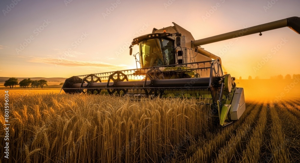 Fototapeta premium Harvesting Wheat Field at Sunset - Agricultural Machinery in Action.