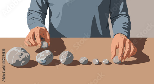 A persons hands carefully arranging a row of stones by size.