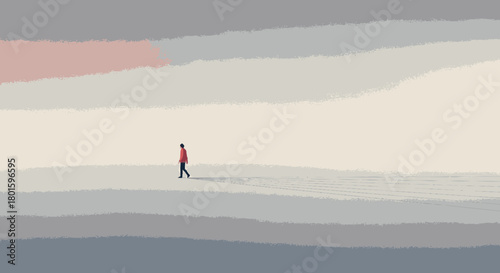 A solitary person in a red jacket walking alone in a minimalist landscape.