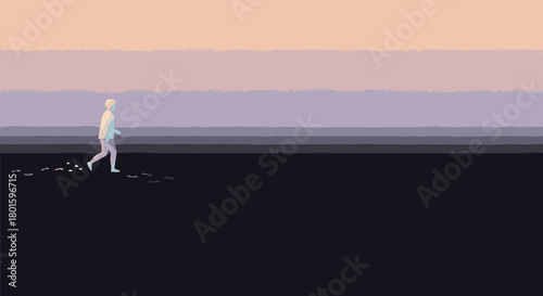 A solitary white pixelated figure walks across a dark abstract landscape.