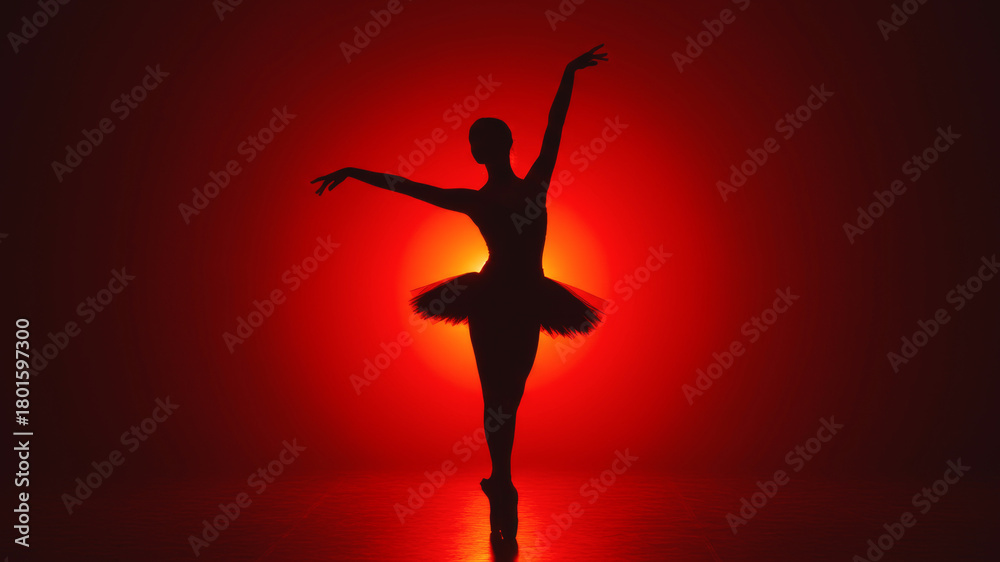Fototapeta premium Silhouette of a woman ballerina dancing on stage. Concept of classic ballet performance. Creative shadow art for dance studio advertisement.