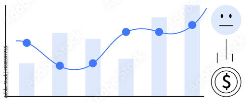Bar chart with a rising trend line, neutral face icon, and dollar sign representing economic analysis, statistics, investment, progress, revenue, financial planning and market trends. Simple flat