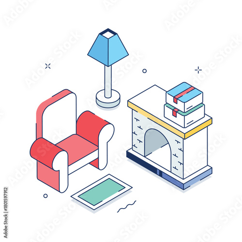 Holiday fireplace with festive decorations and gifts, modern isometric illustration