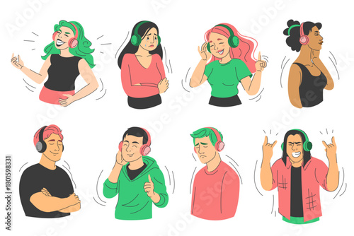 People in headphones listening to music set vector isolated. Collection of female and male characters enjoying songs. Happy and sad melody. Music lovers.