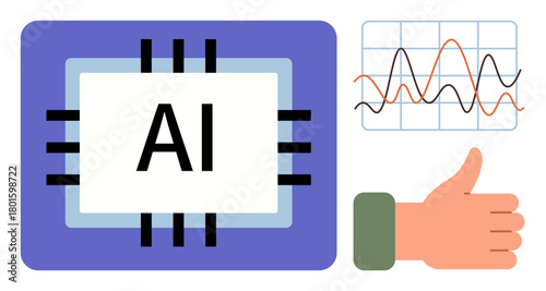 AI processor with bold text, line graph representing analytics, and thumbs-up showcasing approval. Ideal for technology, AI, machine learning, innovation, data analysis, efficiency decision-making