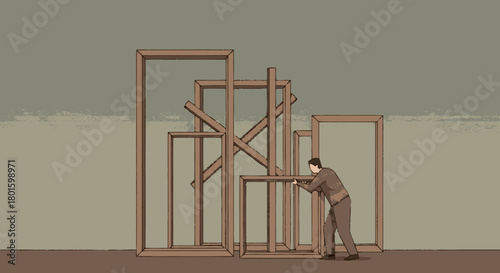 Businessman constructing a surreal labyrinth of endless doorways and choices.