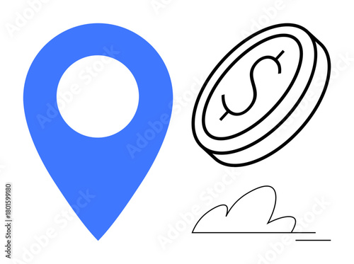 Blue location pin, sketched dollar coin, and minimalist cloud evoke themes of finance, location, business, navigation, investment, e-commerce and simplicity. Ideal for financial success and growth