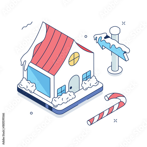 Snowy winter house decorated for the Christmas holidays isometric illustration