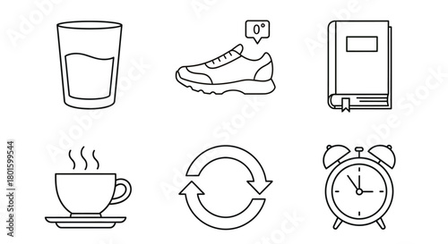 Daily wellness icons for morning routine and healthy lifestyle plan