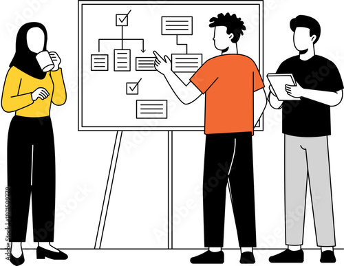 Team Discussing Flowchart on Whiteboard Illustration