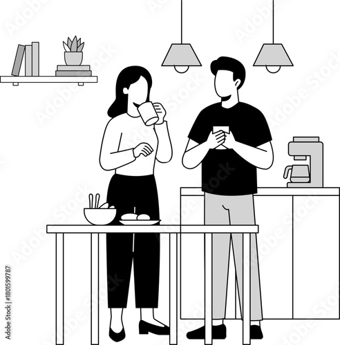 Line Art of Couple Drinking Coffee in Kitchen