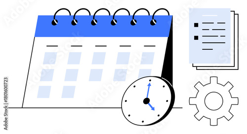 Calendar flips beside a clock, checklist, and gear, symbolizing scheduling, task organization, and efficiency. Ideal for planning, deadlines, productivity workflow multitasking strategy simple