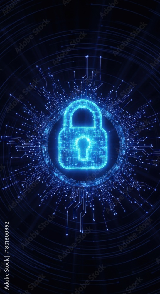 Obraz premium Futuristic digital security lock with glowing circuit patterns and radial design