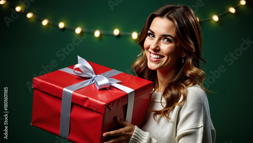 Smiling young woman with long brown wavy hair in white sweater holding big red present with bow against festive green background and string lights.