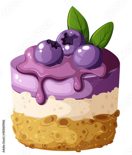 Mini Blueberry Cheesecake Topped with Fresh Berries & Syrup. Isolated Sweet Gourmet Dessert Vector Illustration