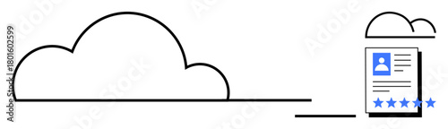 Minimalist design showing a cloud icon connected to a document with profile details and a star rating. Ideal for data storage, digital identity, security systems, cloud services, customer reviews