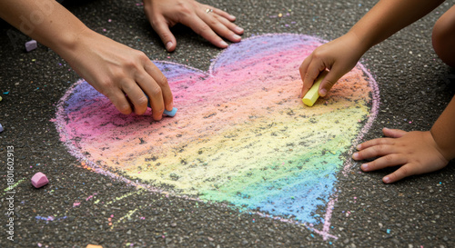 Fototapeta Naklejka Na Ścianę i Meble -  Woman and child drawing large rainbow heart with chalk on asphalt, symbolizing love, diversity, and hope. Children's art activity for Pride month.