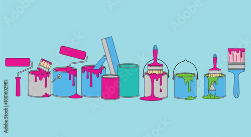 Painting supplies illustration paint buckets and paint rollers editable vector