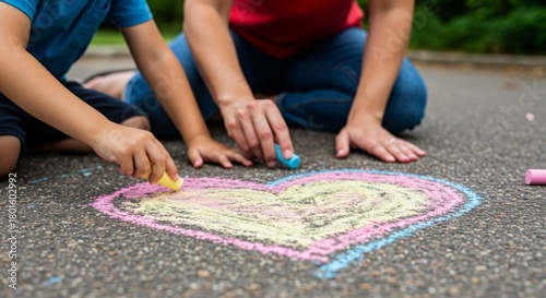 Fototapeta Naklejka Na Ścianę i Meble -  Woman and child drawing heart on pavement with colorful chalk. Happy family creating art outdoors together. Summer day activity for kid.