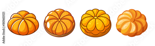 Stylized round orange pumpkin or bread shapes set isolated cartoon drawing