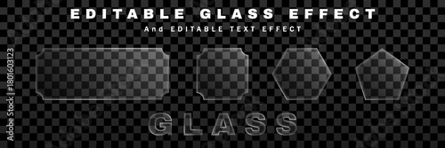 Editable glass effect set with transparent shapes and text style for modern graphic design elements vector illustration