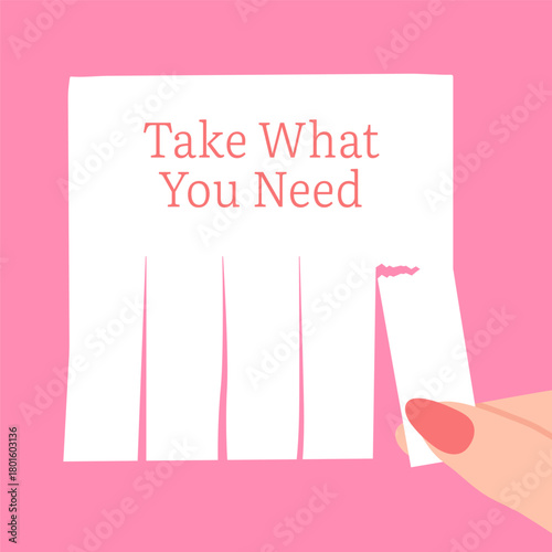 Take What You Need illustration.Sheet paper advertising with tear off cut slips. A woman's fingers tear off a paper ads