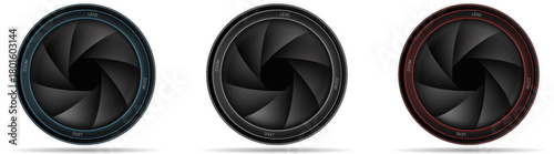 Camera lens aperture shutter blades set with blue black and red rings isolated on white background vector illustration