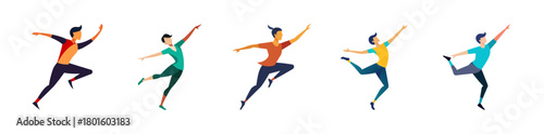 Modern flat design illustration of diverse young men dancing and leaping.