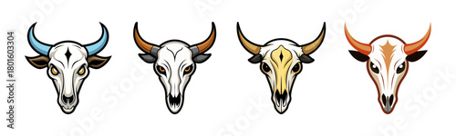 Set of four aggressive bull steer skulls with varied horn colors design