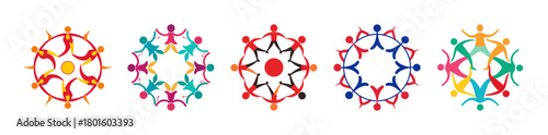Diverse colorful figures form circular logos, symbolizing unity and teamwork