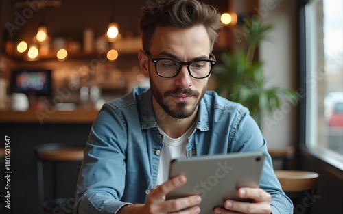 young beautiful hipster man in eyeglasses using tablet in cafe. High quality