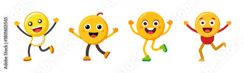 Group of cheerful yellow cartoon characters joyfully running, dancing
