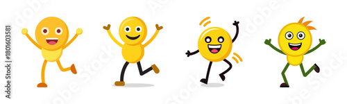 Happy yellow cartoon characters celebrating, jumping, and expressing joy
