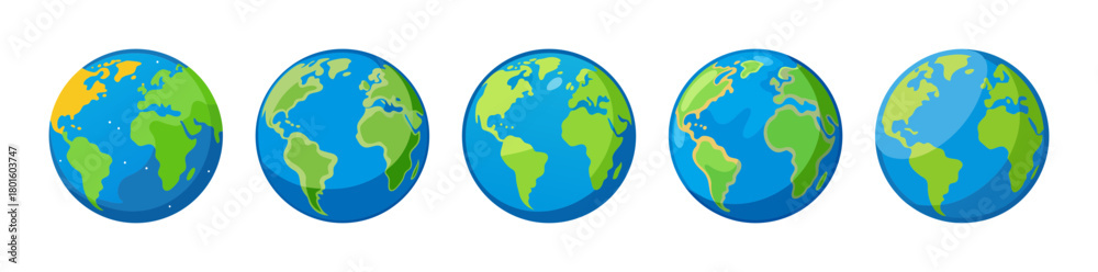 Naklejka premium Five cartoon world globes displaying various continents and ocean views