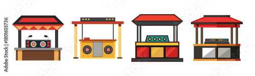 Collection of diverse flat design market food stalls and kiosks for events