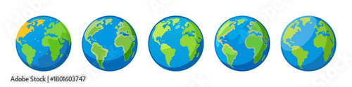 Five cartoon world globes displaying various continents and ocean views