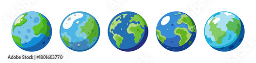 Five cartoon earth globes depicting diverse landmasses and blue oceans