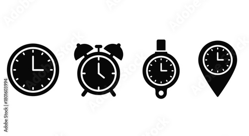 Manage your time effectively with varied black clock icon set graphic