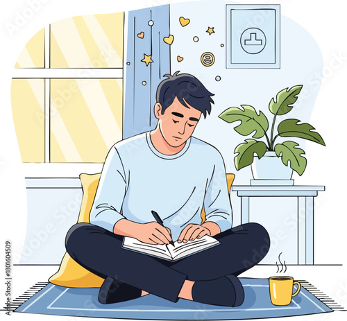 Young man sitting cross-legged on a rug, writing in a notebook with a thoughtful expression, surrounded by a plant, coffee, and inspirational symbols near a sunny window with a blue door.