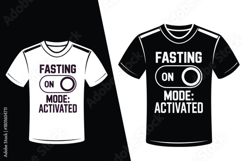 White and black t-shirts with fasting mode activated text and graphic apparel clothing