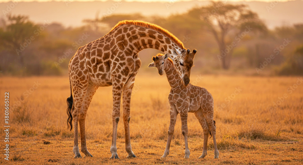 Obraz premium Adult giraffe bending its neck toward a baby giraffe in an affectionate pose, standing in a golden field during sunset for wildlife and nature themes.